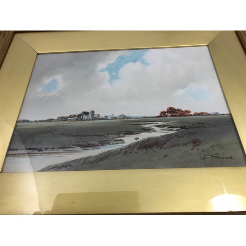 8 - FRAMED WATER COLOUR OF A SMALL RIVER ESTURY SCENE WITH CHURCH AND FARM BACKGROUND INDISTINCTLY SIGNE... 