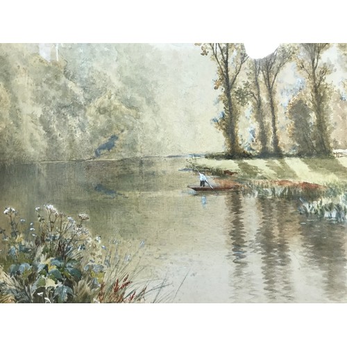 13 - WATER COLOUR INDISTINCTLY SIGNED E J DUVAL DEPICTING A RIVER AND PUNTING SCENE