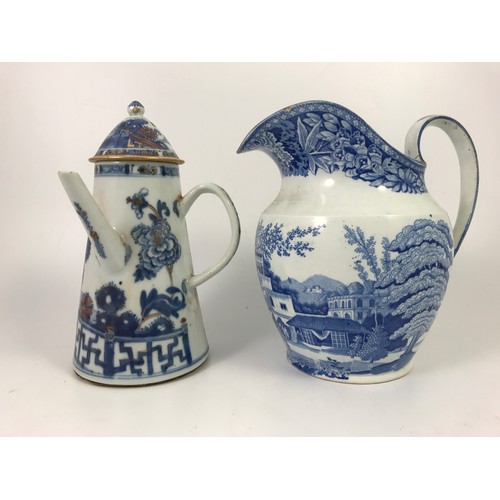 253 - BLUE AND WHITE TRANSFER PRINTED JUG, 1 OTHER JUG AND COVER, PORCELAIN BOWL AND A FISH AF