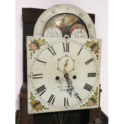 327 - OAK LONG CASE CLOCK HAVING PAINTED DIAL WITH MOON PHASE TO ARCH 8 DAY MOVEMENT SUBSIDIARY SECONDS AN... 