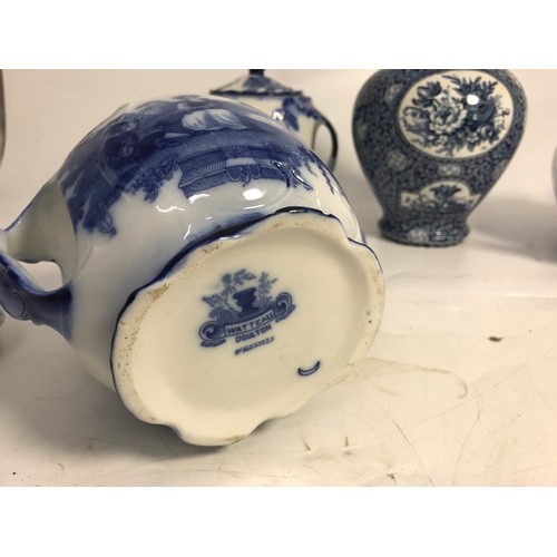 162 - PAIR DOULTON BURSLEM WATTEAU  TWO HANDLED LIDDED JARS WITH  LARGE COPELAND SPODE TEAPOT & BLUE WITH ... 