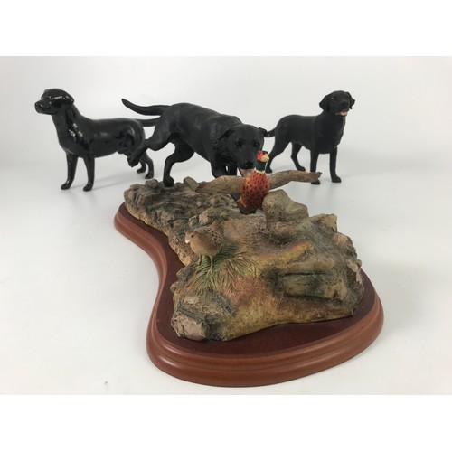 197 - BORDER FINE ARTS BLACK LABRADOR AND PHEASANTS FIGURE GROUP, BESWICK BLACK LABRADOR FIGURE AND ONE OT... 