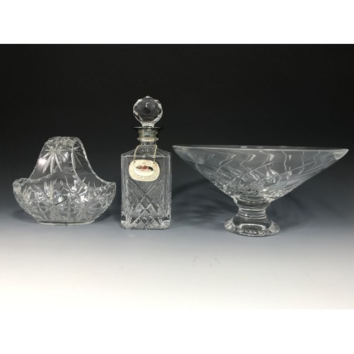 297 - CUT GLASS PEDESTAL BOWL, CUT GLASS BASKET, ONE OTHER BOWL, A PAIR OF SMALL VASES AND A DECANTER WITH... 