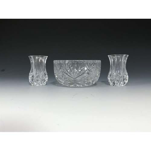 297 - CUT GLASS PEDESTAL BOWL, CUT GLASS BASKET, ONE OTHER BOWL, A PAIR OF SMALL VASES AND A DECANTER WITH... 