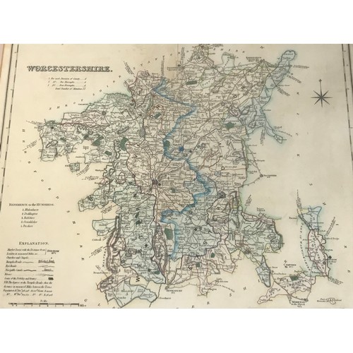 76 - FRAMED MAP OF WORCESTERSHIRE BY HENRY TEESDALE LABELLED STEEL ENGRAVED MAP 1834 WITH OLD HAND COLOUR... 