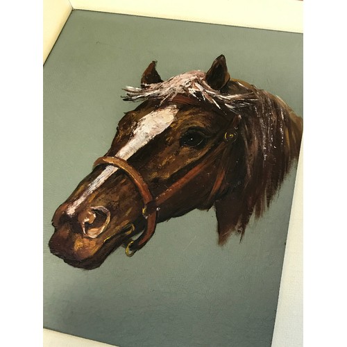 38 - MISC. HORSE RACING AND HUNTING RELATED PRINTS ETC, 2 OILS EACH DEPICTING HORSES ON LEATHER IN FRAMES... 