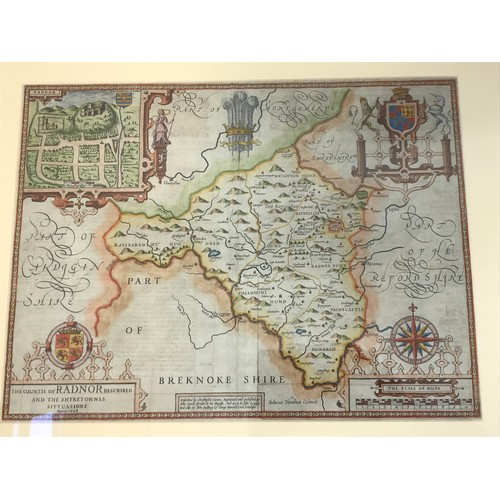 83 - JOHN SPEEDE HAND COLOURED MAP DEPICTING RADNOR DATED 1618 IN DOUBLE SIDED FRAME