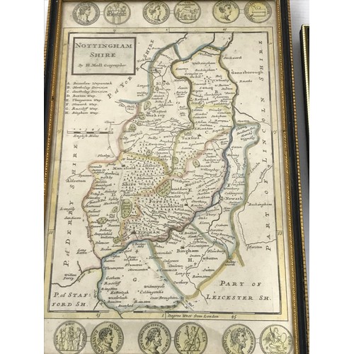 81 - SMALL FRAMED MAP OF WORCESTERSHIRE PETER VAN DER KEERE ENGRAVER  NOTTINGHAMSHIRE H MOLL AND UNFRAMED... 