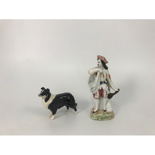 224 - MISC CHINA:  BESWICK COLLIE DOG, STAFFORDSHIRE FIGURE, PRATT WARE AND OTHER TANKARDS ETC, NURSERY WA... 