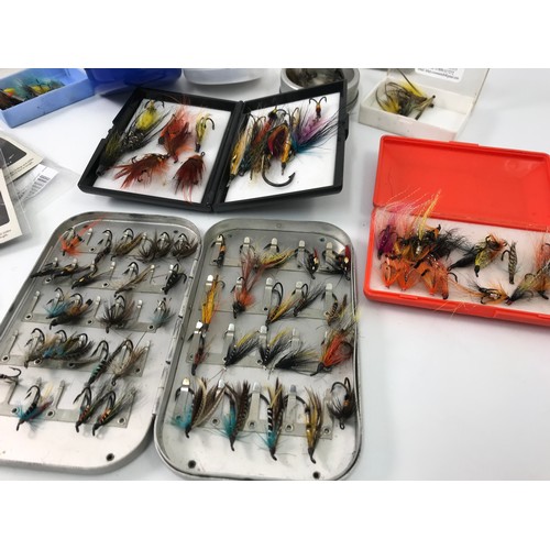 566 - VARIOUS FLY BOXES AND CONTENTS TOGETHER WITH OTHER FISHING ACCESSORIES INC. SALMON LEADERS ETC.