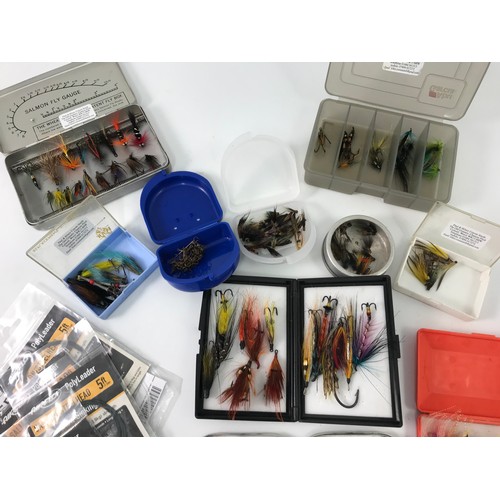 566 - VARIOUS FLY BOXES AND CONTENTS TOGETHER WITH OTHER FISHING ACCESSORIES INC. SALMON LEADERS ETC.