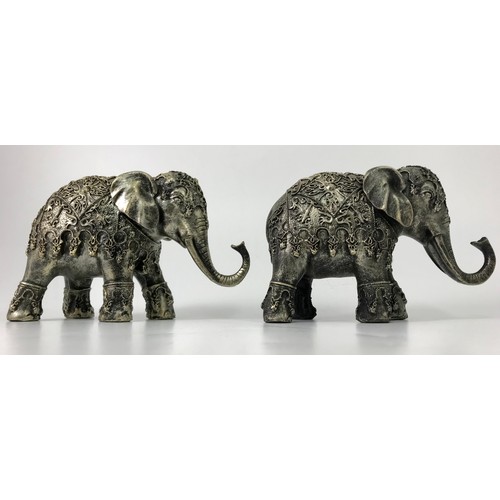 446 - MISC. ANIMAL CARVINGS INC. ELEPHANT BOOK ENDS, CARVED ELEPHANTS, 2 METAL FIGURES OF REARING HORSES O... 