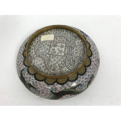 627 - CLOISONNÉ BOWL WITH A BRASS CANDLESTICK