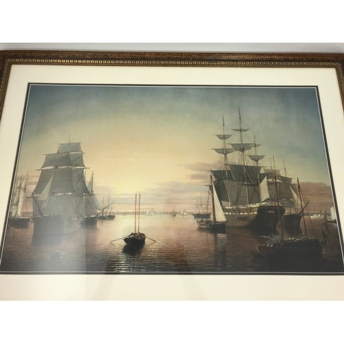 42 - LARGE  FRAMED COLOUR PRINT OF BOSTON HARBOUR  104cm LONG