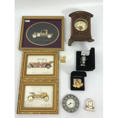 355 - MISC. MINIATURE AND NOVELTY CLOCKS, A MANTLE CLOCK IN OAK CASE AND VARIOUS CLOCK PICTURES