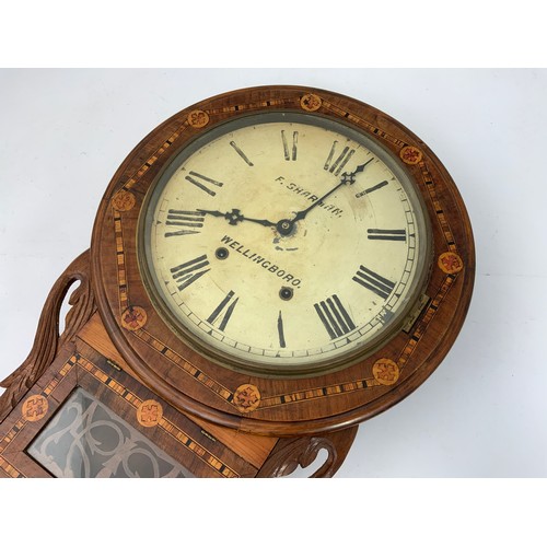 336 - DROP DIAL INLAID MAHOGANY WALL CLOCK, F. SHERMAN, WELLINGBORO