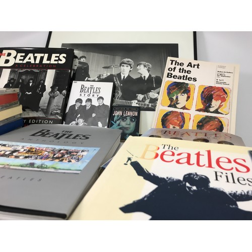 306 - BOX OF BEATLES MEMORABILIA INC BOOKS, CDS, DVD AND FRAMED PHOTOGRAPH