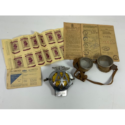 6 - AA BADGE, MOTORCYCLE GOGGLES, OLD LOG BOOK, PETROL RATION COUPONS & FUEL RATION BOOK