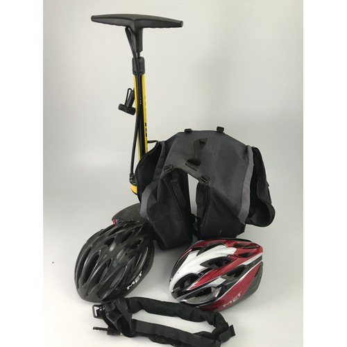 380 - BICYCLE ACCESSORIES INC. PUMP, PANNIERS AND 2 HELMETS