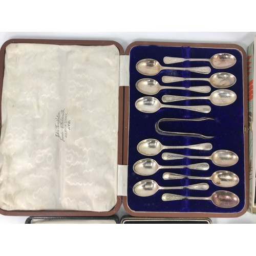 280 - QUANTITY MISC BOXED AND OTHER PLATED WARE INC. SET OF 12 TEA SPOONS AND TONGS IN JOHN TEMPLETON PRES... 