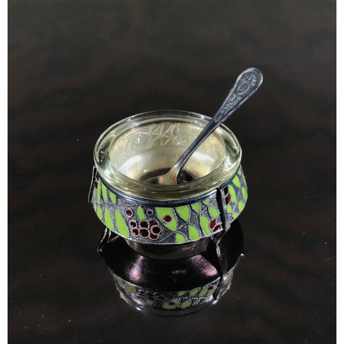 357 - RUSSIAN SALT WITH GLASS LINER, ENAMELLED DECORATION AND MATCHING SPOON