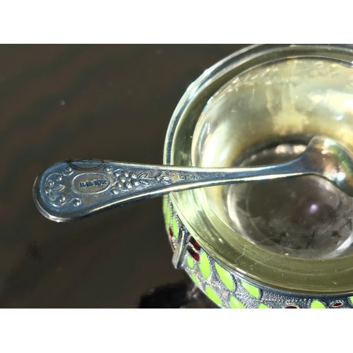 357 - RUSSIAN SALT WITH GLASS LINER, ENAMELLED DECORATION AND MATCHING SPOON