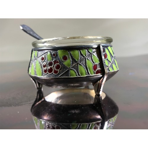 357 - RUSSIAN SALT WITH GLASS LINER, ENAMELLED DECORATION AND MATCHING SPOON