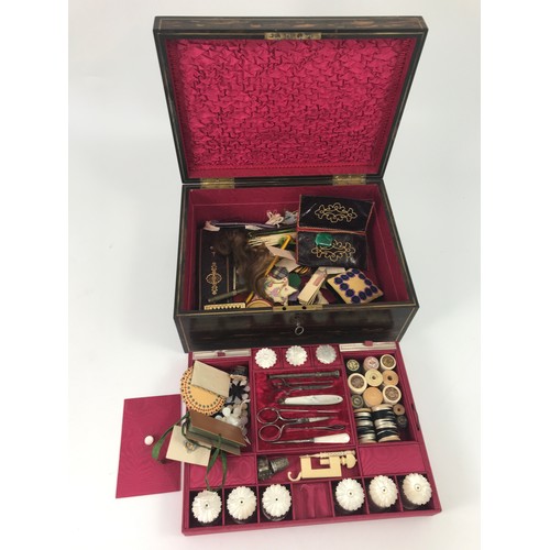 195 - WONDERFUL QUALITY COROMANDEL SEWING BOX WITH FITTED CONTENTS, MOTHER OF PEARL BOBBINS ETC.