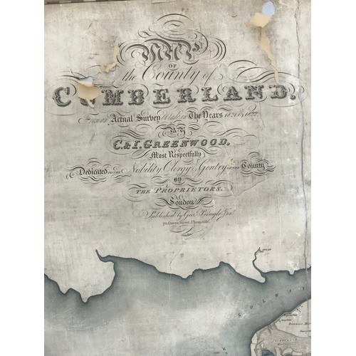 36 - LARGE SCALE MAP DEPICTING CUMBERLAND BY G&J GREENWOOD, LINED ON CANVAS BACK SCROLL, APPROX 180 X 158... 