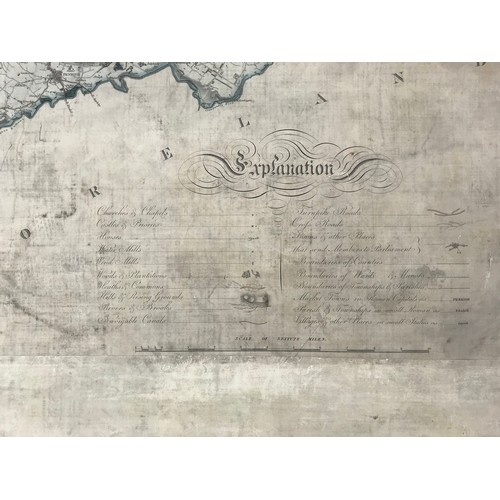 36 - LARGE SCALE MAP DEPICTING CUMBERLAND BY G&J GREENWOOD, LINED ON CANVAS BACK SCROLL, APPROX 180 X 158... 