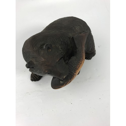 197 - BLACK FOREST CARVED BEAR WITH FISH  27cm LONG