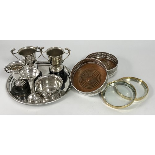 330 - VARIOUS MISC. SILVER AND OTHER TROPHIES TOGETHER WITH PLATED WARE INC. BOTTLE COASTERS ETC.