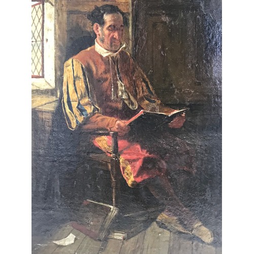 1 - GOOD QUALITY FULL LENGTH PORTRAIT OF GENTLEMAN SEATED READING A BOOK IN PERIOD COSTUME, OIL ON CANVA... 