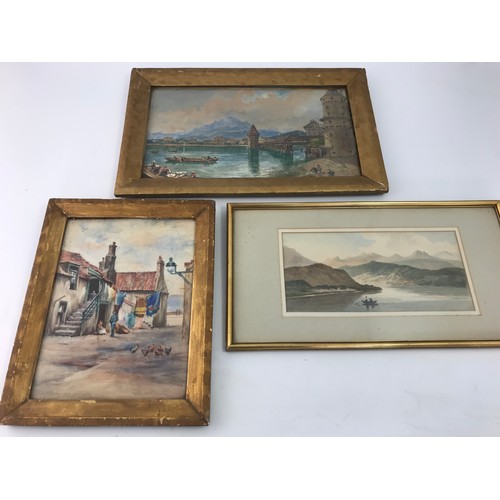 27 - 3 CONTINENTAL WATERCOLOUR SCENES, ONE SIGNED PERIGAL APPROX. 38 X 22cm, ANOTHER ENTITLED WESTER CLOS... 