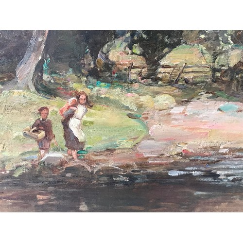 12 - LARGE OIL ON CANVAS IN ORNATE FRAME DEPICTING CHILDREN IN A RIVER SCENE, APPROX. 61 X 41 cm INDISTIN... 