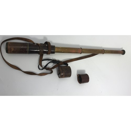 74 - LEATHER CASE BRASS EXTENDING TELESCOPE WITH CROWS FOOT ARROW 1918 SCOPE NUMBER 30670