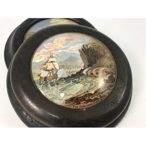 242 - 3 ANTIQUE POT LIDS DUBLIN INDUSTRIAL EXHIBITION 1853, CHIN-CHEW RIVER, THE SEVEN ACES OF MAY