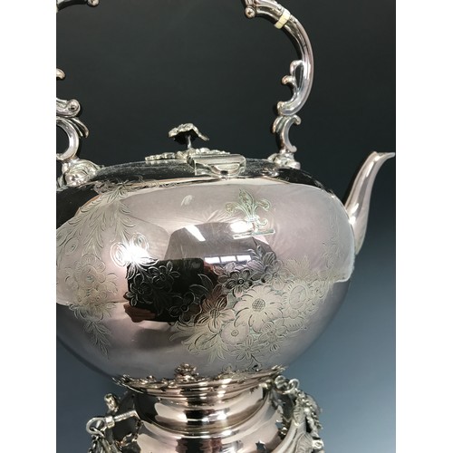 293 - IMPRESSIVE SILVER PLATED SPIRIT KETTLE ON STAND