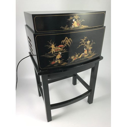 130 - PYE MONARCH VINTAGE RECORD PLAYER IN LACQUERED CHINOISERIE CABINET