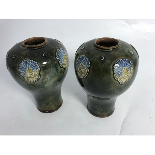 249 - PAIR ROYAL DOULTON GREEN GLAZED VASES SHAPE  8253 , 18cm TALL