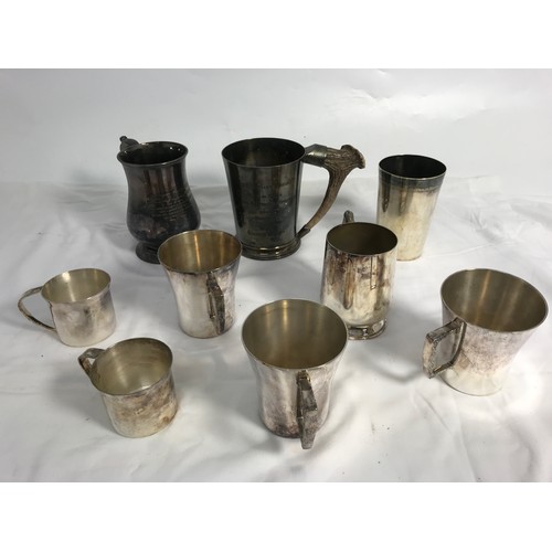 290 - SILVER PLATED TANKARDS AND CHRISTENING MUGS ETC