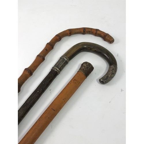 202 - 3 VARIOUS WALKING STICKS 1 WITH HORN (RHINO?) HANDLE AND SILVER MOUNTS, 1 MALACCA WITH SILVER TOP AN... 