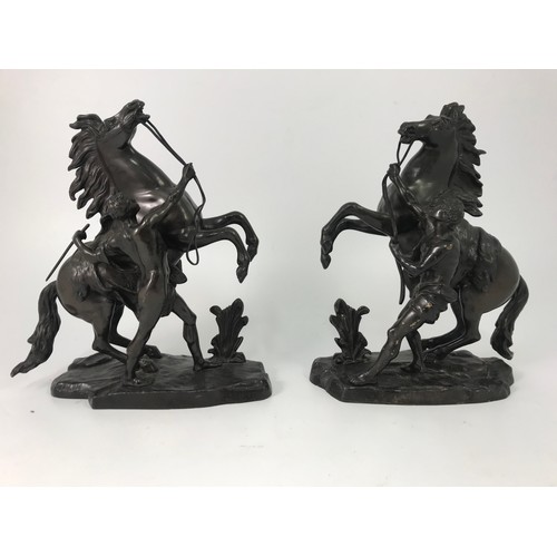 179 - PAIR OF CAST BRONZE FIGURES DEPICTING HORSES AND HANDLER INDISTINCTLY SIGNED PROBABLY COUSTOU