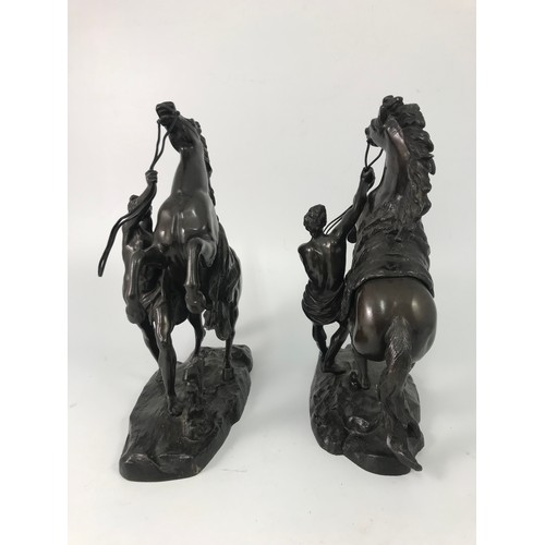 179 - PAIR OF CAST BRONZE FIGURES DEPICTING HORSES AND HANDLER INDISTINCTLY SIGNED PROBABLY COUSTOU