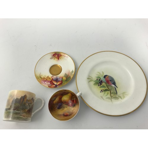 254 - COLLECTION OF ROYAL WORCESTER INC KITTY BLAKE SAUCER,  POWELL SIGNED BULLFINCH PLATE,  CASTLE MUG SI... 