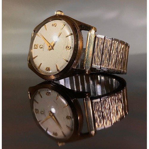 401 - GENTS GOLD CASED OMEGA VINTAGE WRIST WATCH WITH 1957 PRESENTATION INSCRIPTION ON EXPANDING STRAP