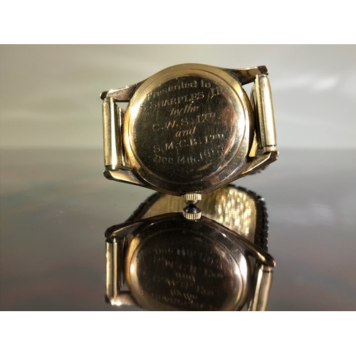 401 - GENTS GOLD CASED OMEGA VINTAGE WRIST WATCH WITH 1957 PRESENTATION INSCRIPTION ON EXPANDING STRAP