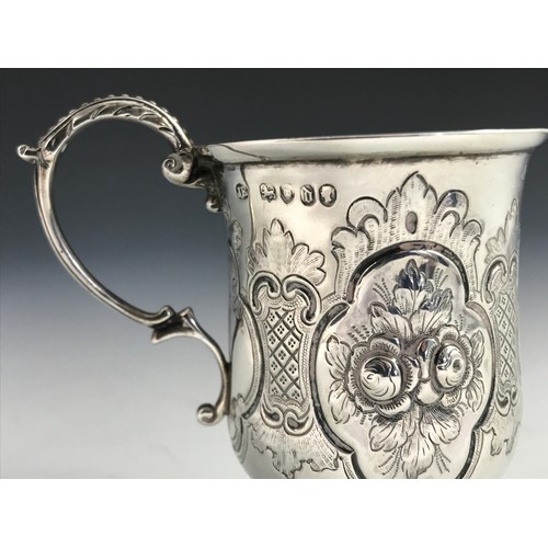 344 - SILVER GILT LINED EMBOSSED CHRISTENING TANKARD, APPROX. 94g