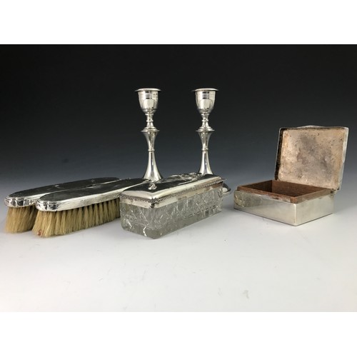 339 - PAIR OF SILVER CANDLESTICKS, ONE LOADED, APPROX. SILVER WEIGHT 200g TOGETHER WITH  SILVER TRINKET BO... 