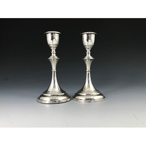 339 - PAIR OF SILVER CANDLESTICKS, ONE LOADED, APPROX. SILVER WEIGHT 200g TOGETHER WITH  SILVER TRINKET BO... 